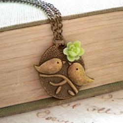 Bird Necklace Green Necklace Flower Necklace Bird Pendant Kissing Couple Pendant